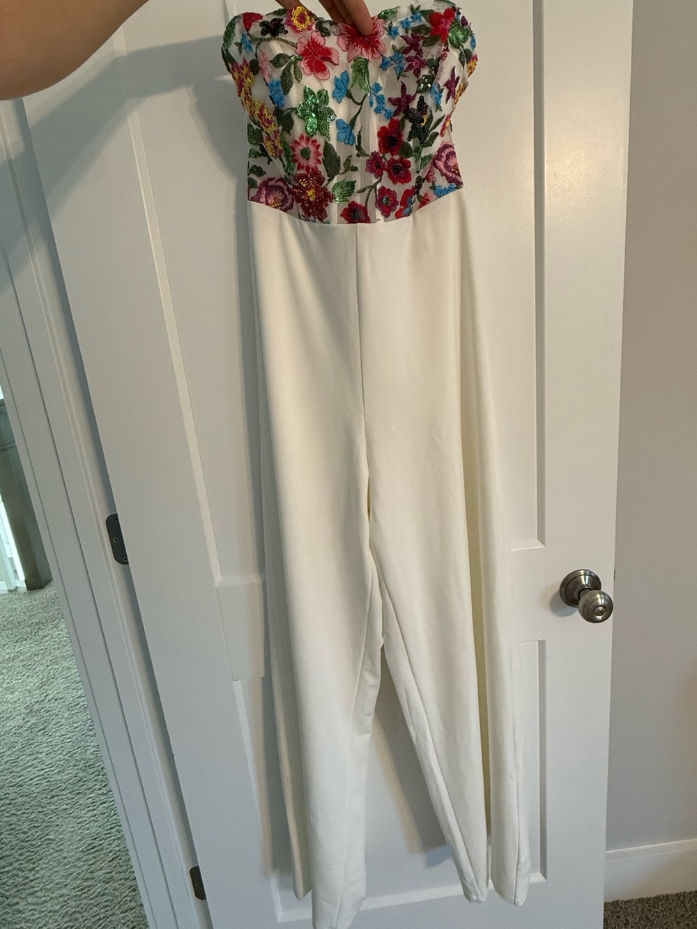 Lulu's White Strapless Jumpsuit with Multicolor Floral Bust